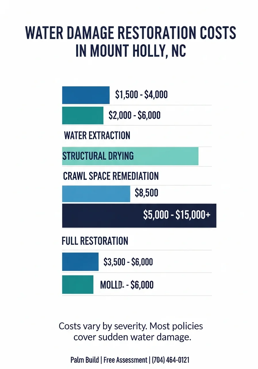 Water damage restoration cost ranges for Mount Holly NC homes showing service-by-service pricing