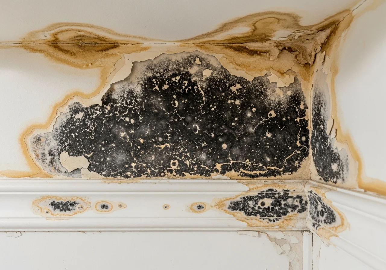 Mold growth visible on interior wall surface behind removed drywall in a Mount Holly NC home
