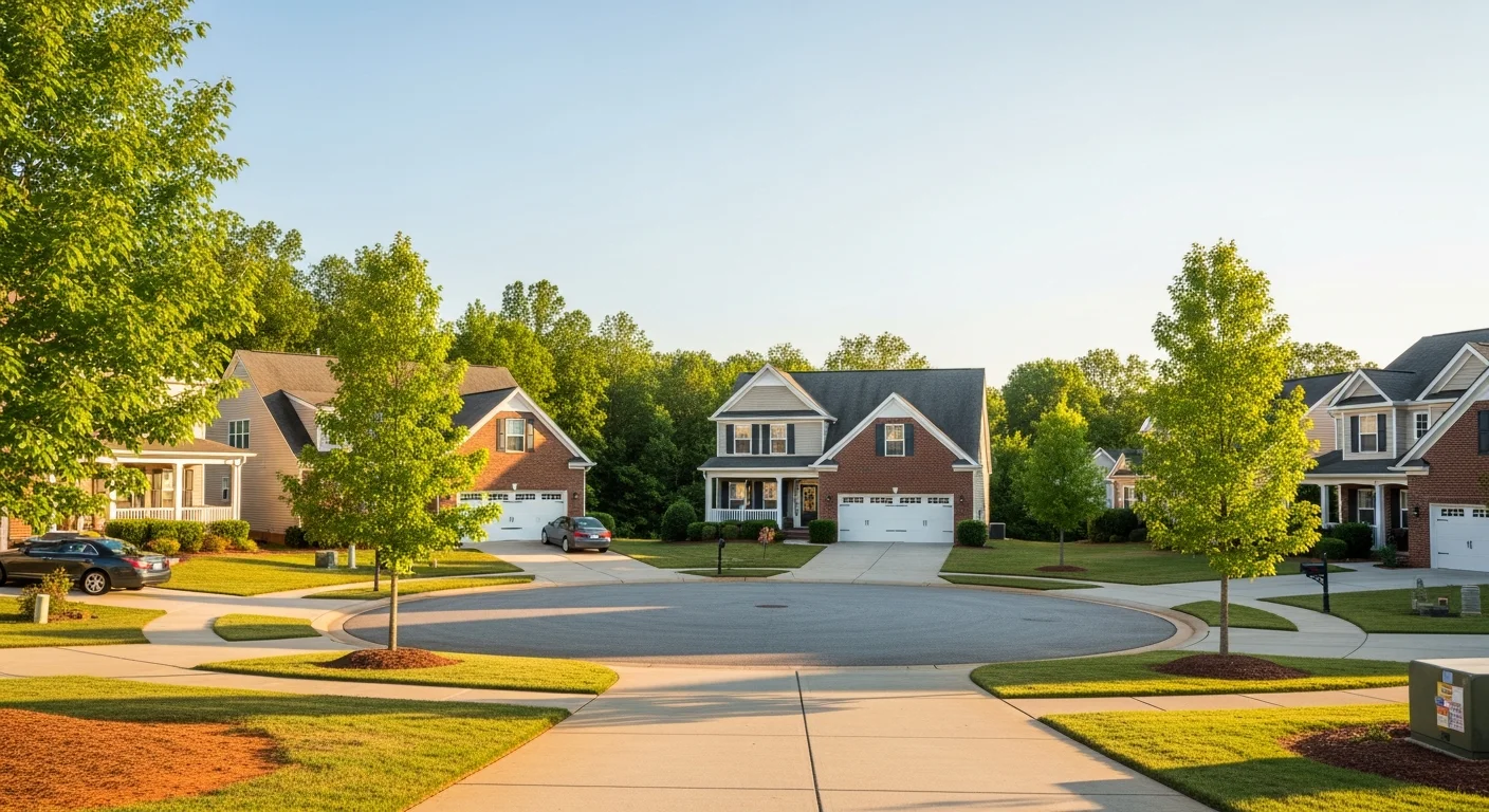 Aerial view of a Mount Holly, North Carolina subdivision with mixed housing types and mature trees typical of Gaston County neighborhoods