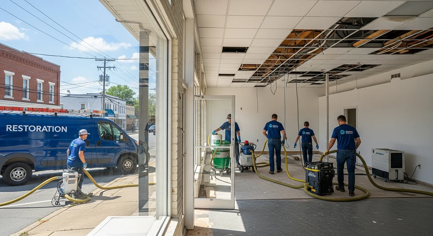 Commercial property restoration in Mount Holly, North Carolina with Palm Build restoration equipment and crew on site