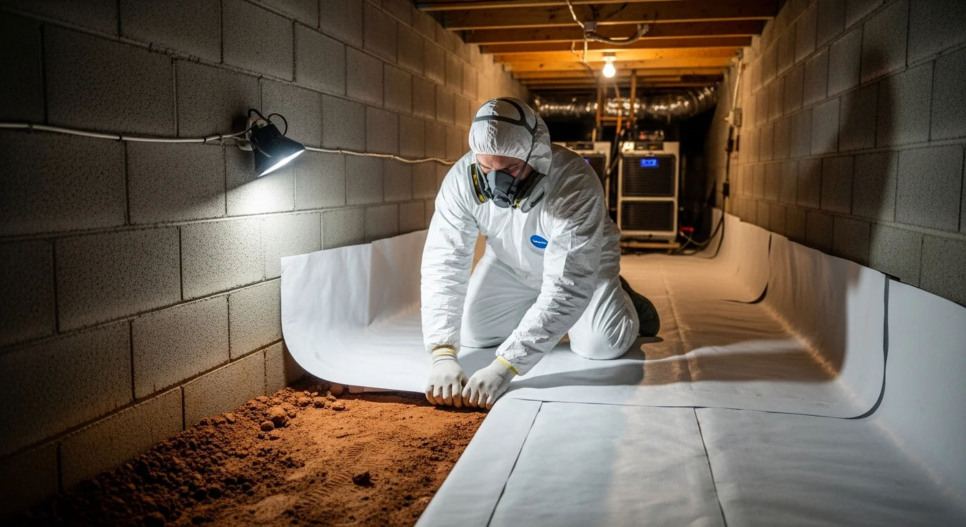 Professional crawl space cleanup and encapsulation project in a Mount Holly, North Carolina home with Piedmont red clay soil visible