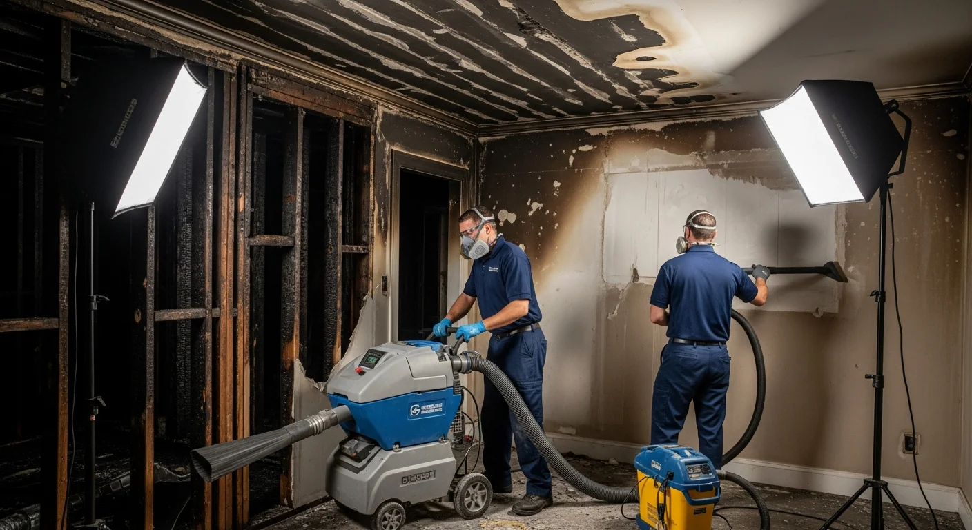 Palm Build fire and smoke restoration crew working at a fire-damaged Mount Holly, North Carolina home with professional cleaning equipment and HEPA air scrubbers