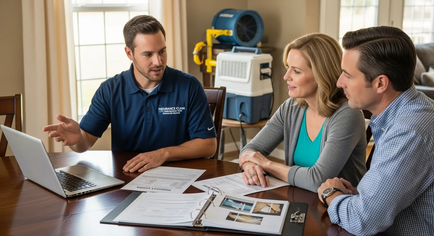Palm Build restoration specialist reviewing insurance claim documentation with a Mount Holly NC homeowner with moisture mapping reports visible