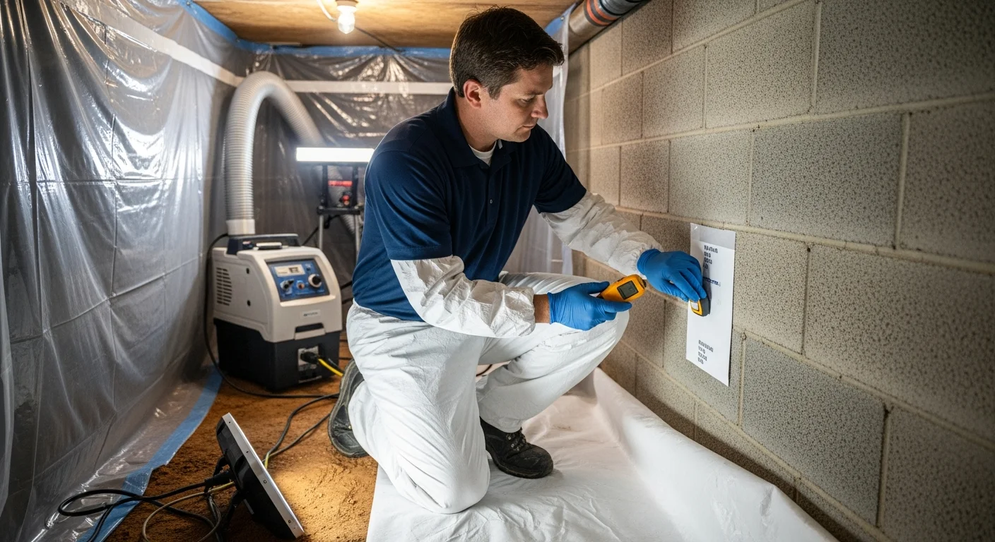 Palm Build IICRC S520-certified technician inspecting crawl space mold beneath a Mount Holly, North Carolina home with Piedmont red clay visible
