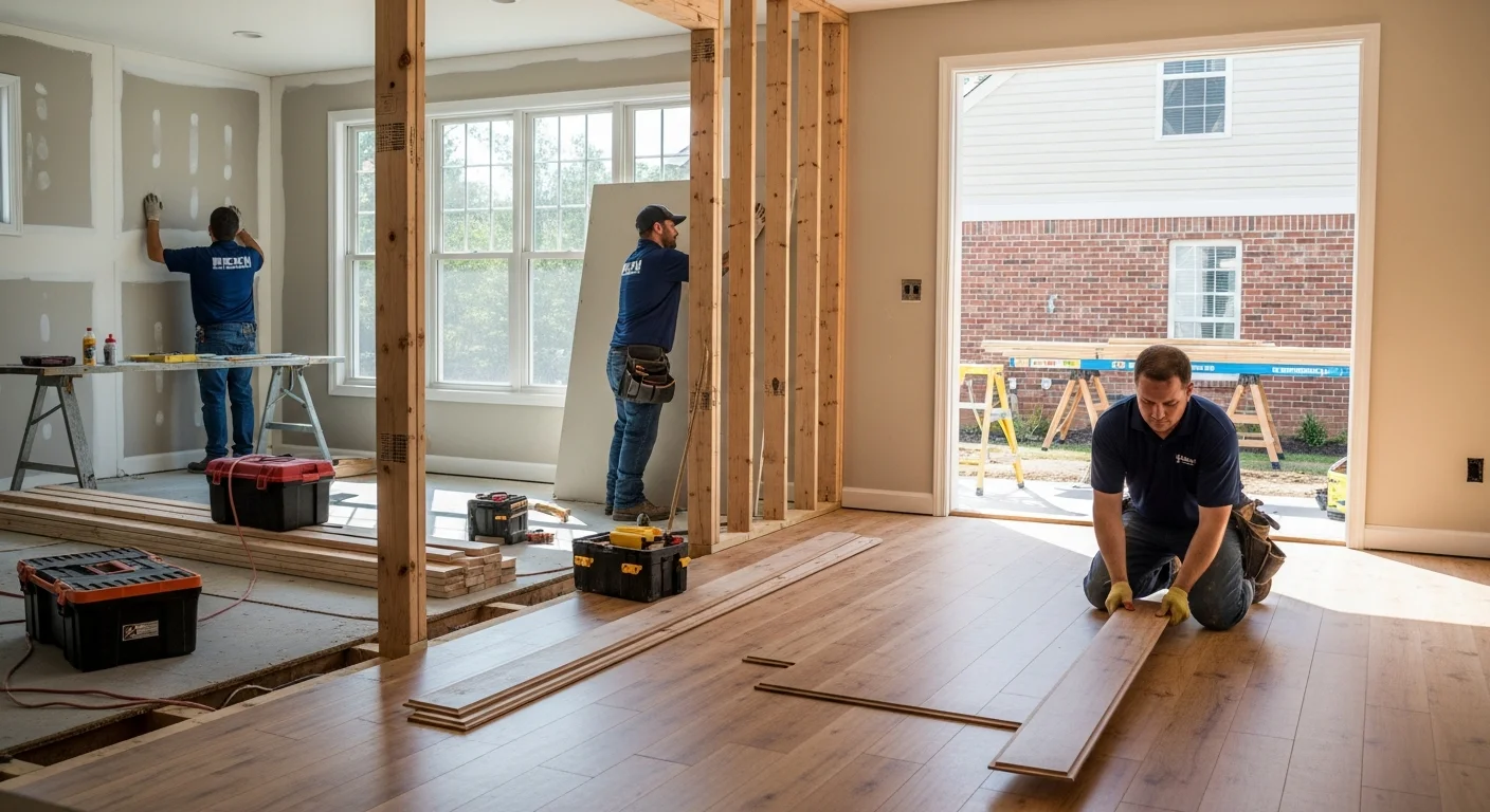 Professional reconstruction work in progress at a Mount Holly NC brick and vinyl home with framing and hardwood floor repairs visible