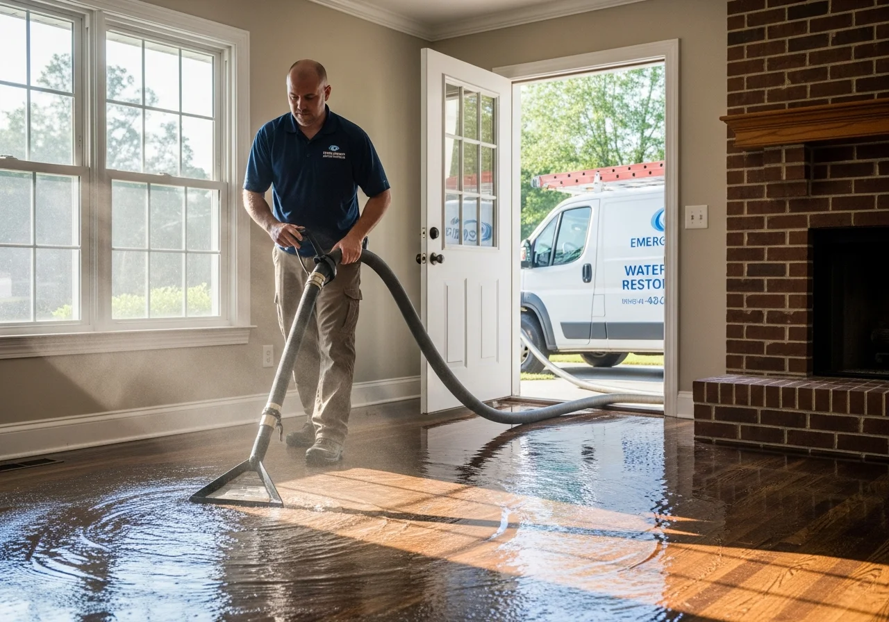 Palm Build restoration technician operating truck-mounted water extraction equipment inside a storm-damaged Mount Holly NC home with commercial dehumidifiers visible
