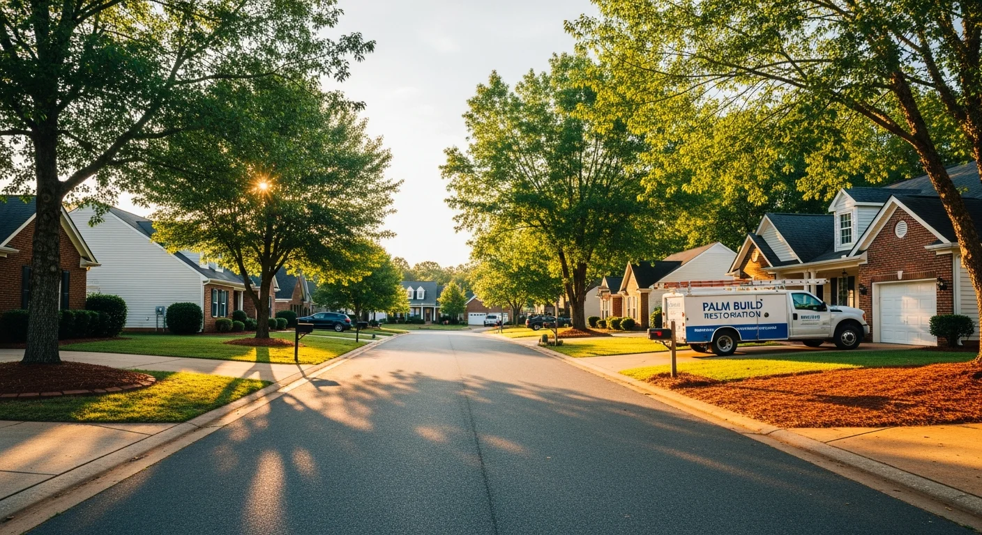 Palm Build restoration truck parked at a Mount Holly, North Carolina brick and vinyl home with Piedmont red clay soil and mature trees visible