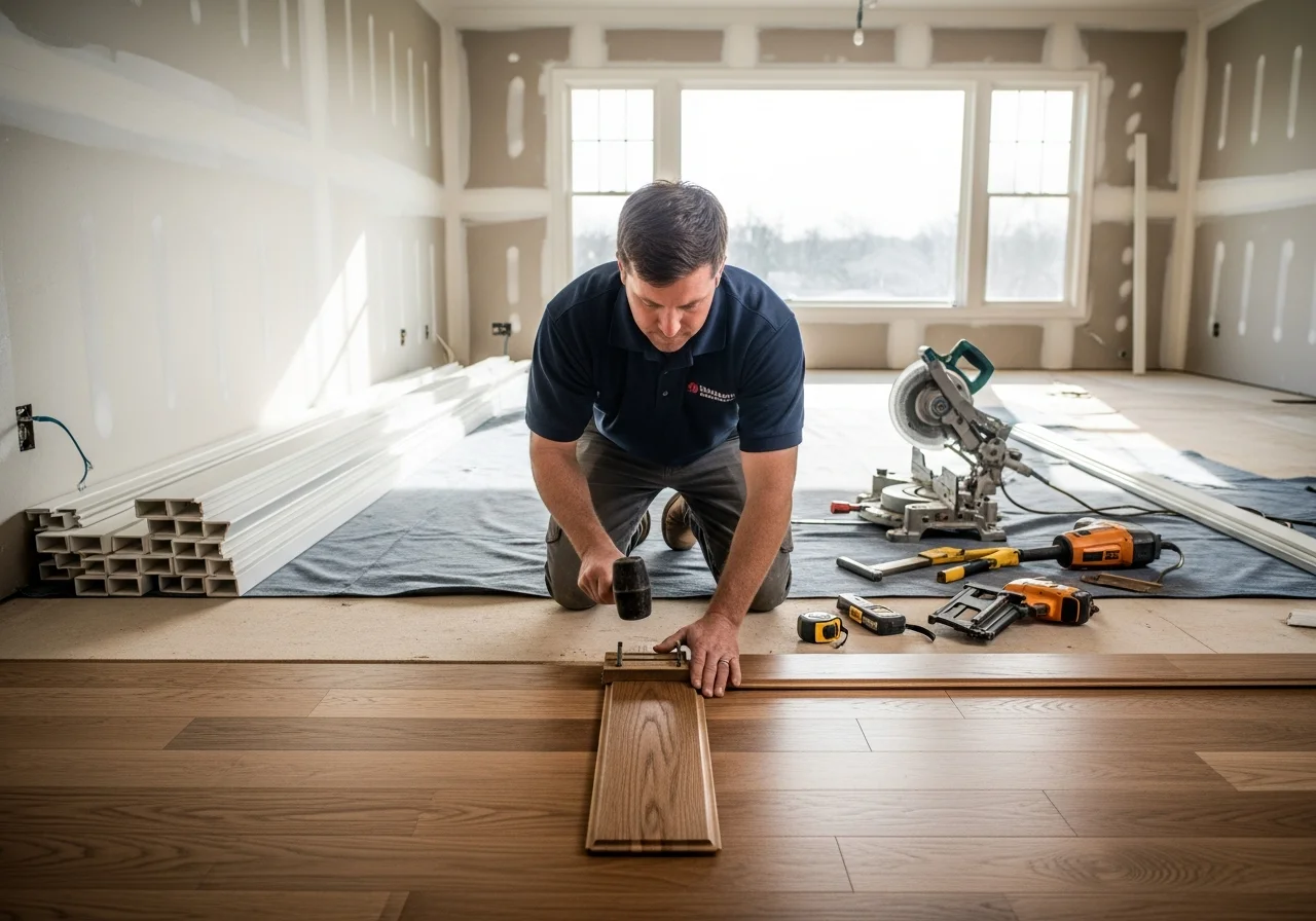 Hardwood floor installation during reconstruction of a fire-damaged Mount Holly home