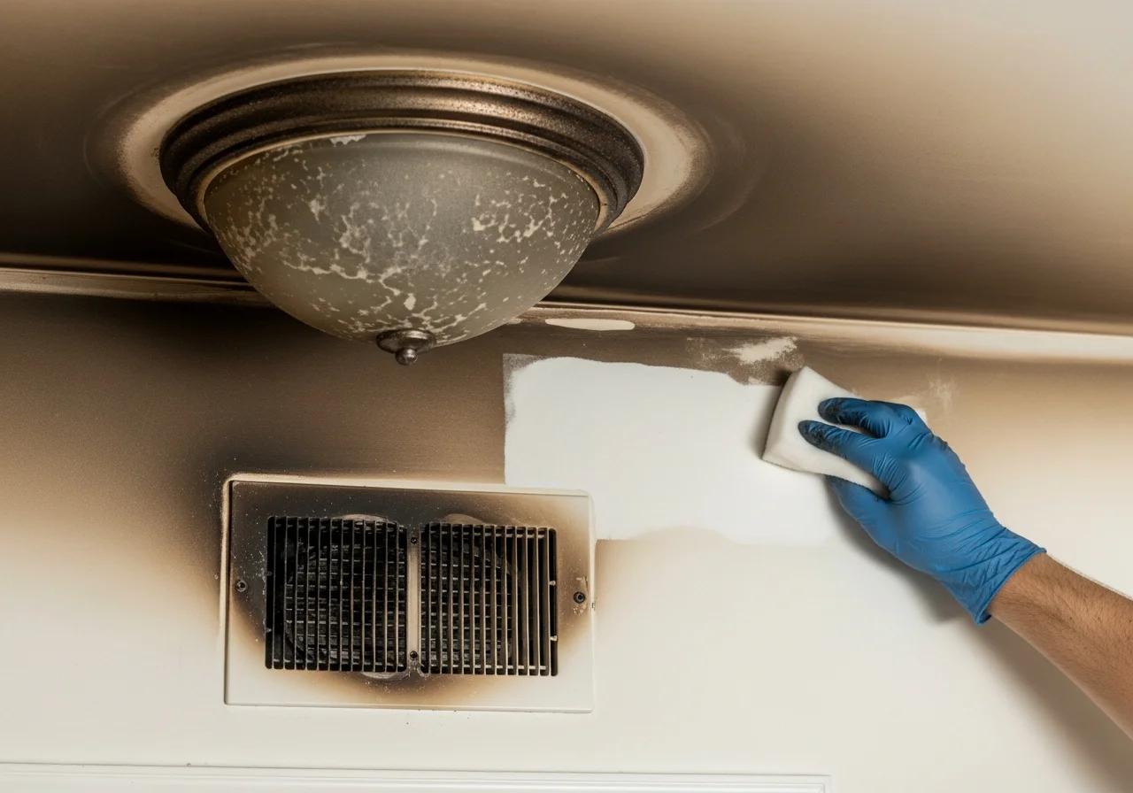 Interior smoke damage detail showing soot contamination on walls and surfaces in a Mount Holly NC home