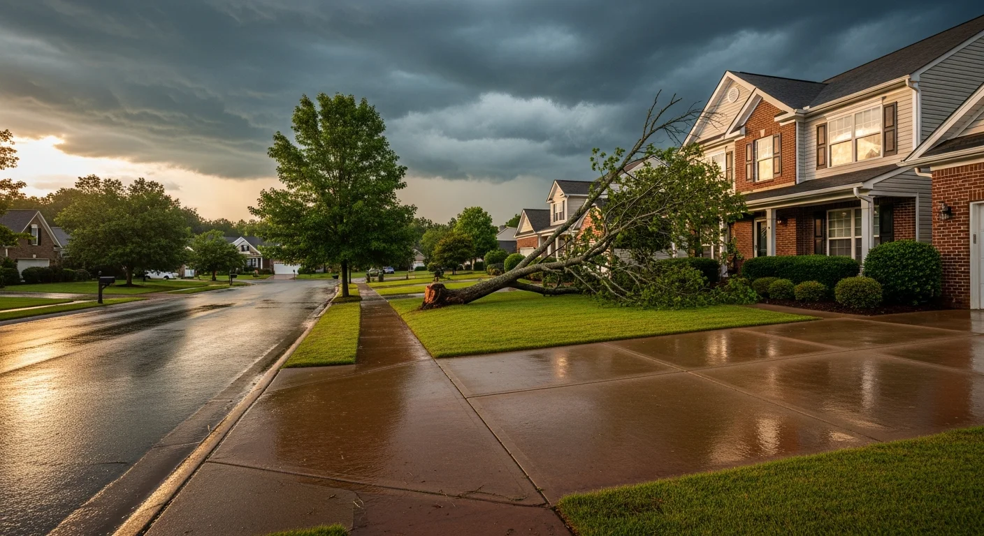 Storm aftermath in a Mount Holly, North Carolina neighborhood showing wind damage, fallen tree limbs, and debris across residential properties along the Catawba River corridor
