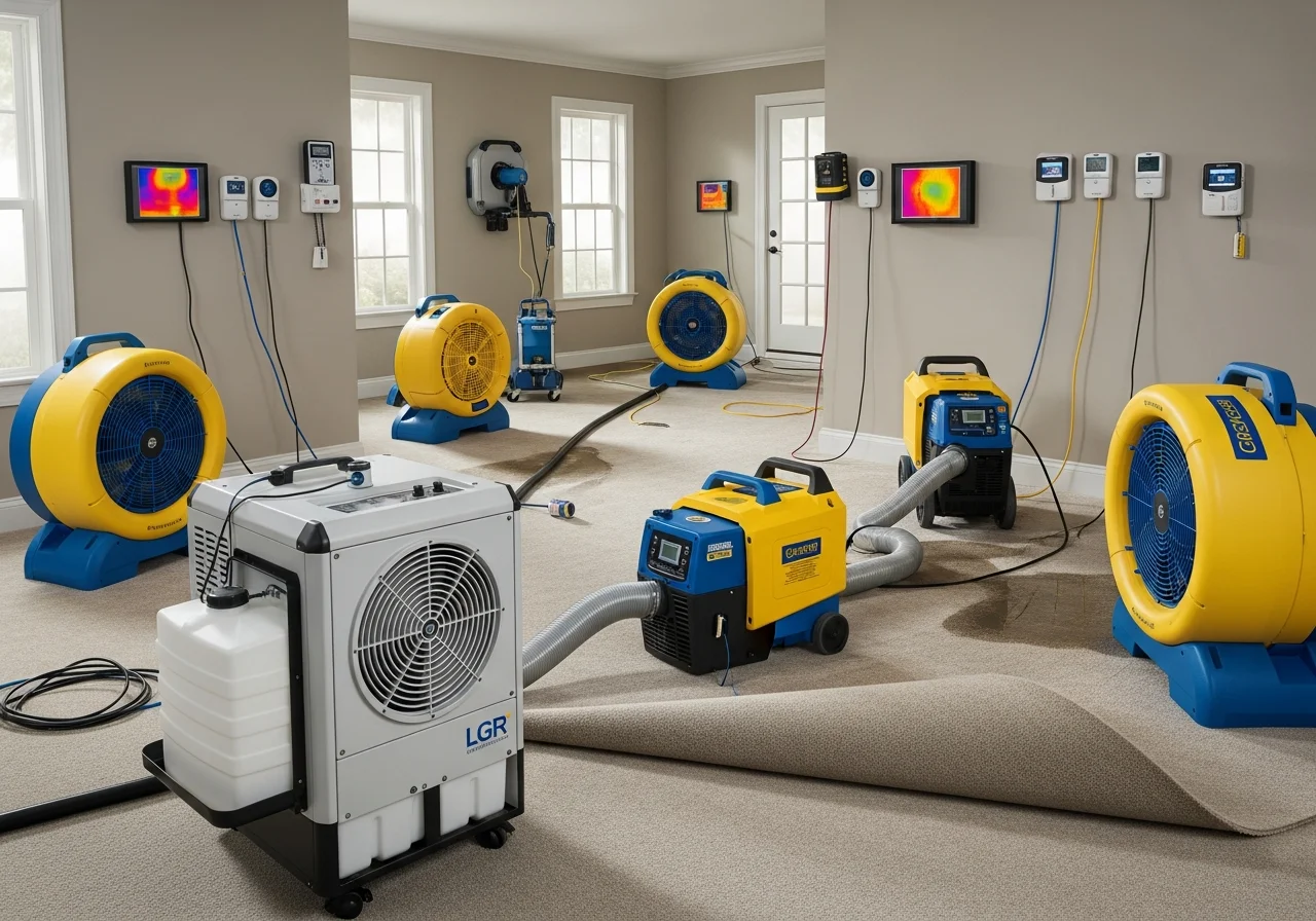 Commercial dehumidification and air scrubbing equipment deployed during mold remediation in a Mount Holly NC home