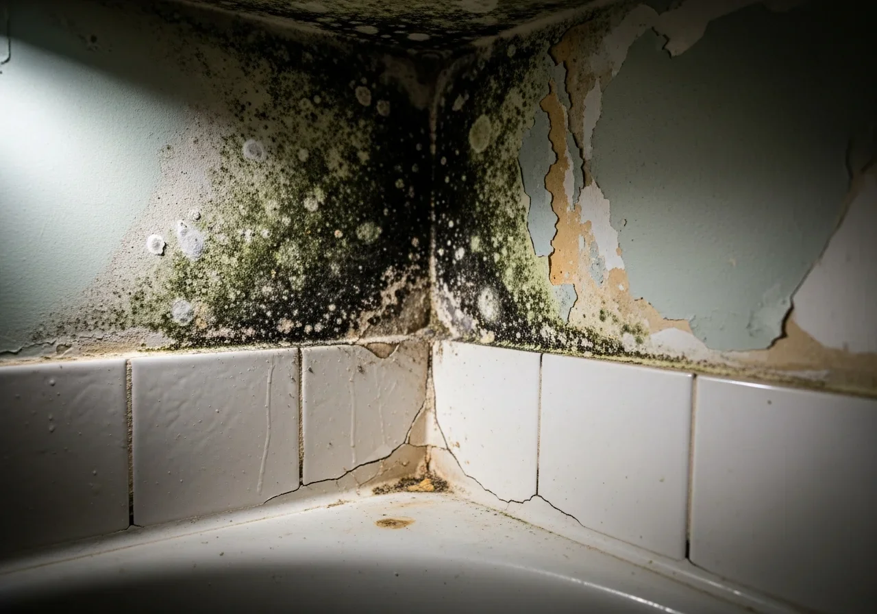 Visible black and green mold growth in the corner of a Myrtle Beach vacation rental condo bathroom with humidity-stained grout and peeling paint from coastal moisture
