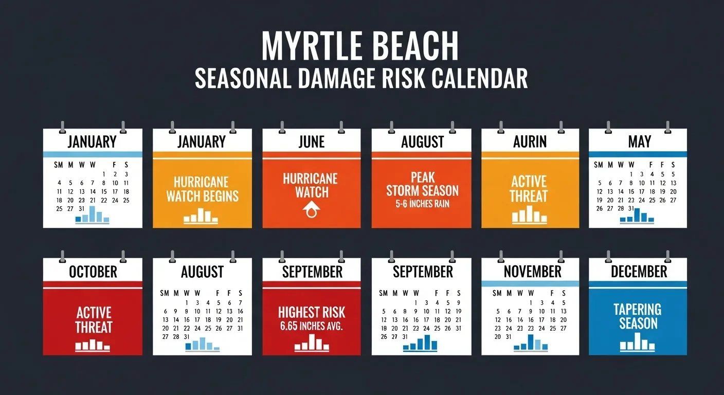 Myrtle Beach South Carolina seasonal water damage risk calendar showing peak hurricane season risk months June through November