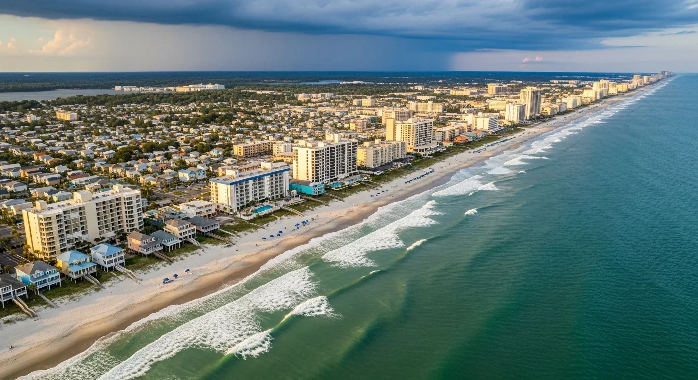 Aerial view of Myrtle Beach South Carolina Grand Strand coastline showing oceanfront condos, beach houses, and the Atlantic Ocean