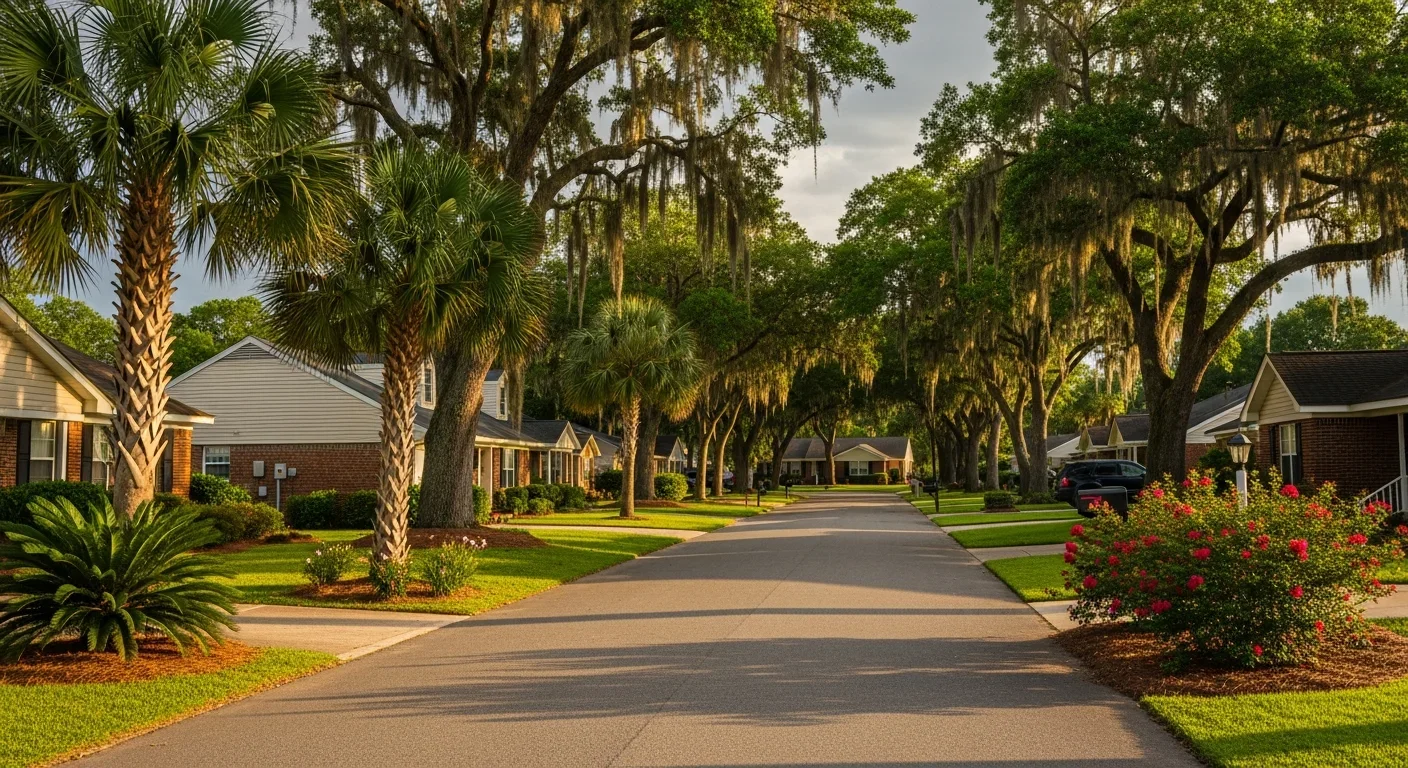 Typical Myrtle Beach South Carolina residential neighborhood with live oak trees, palmetto palms, and coastal suburban homes