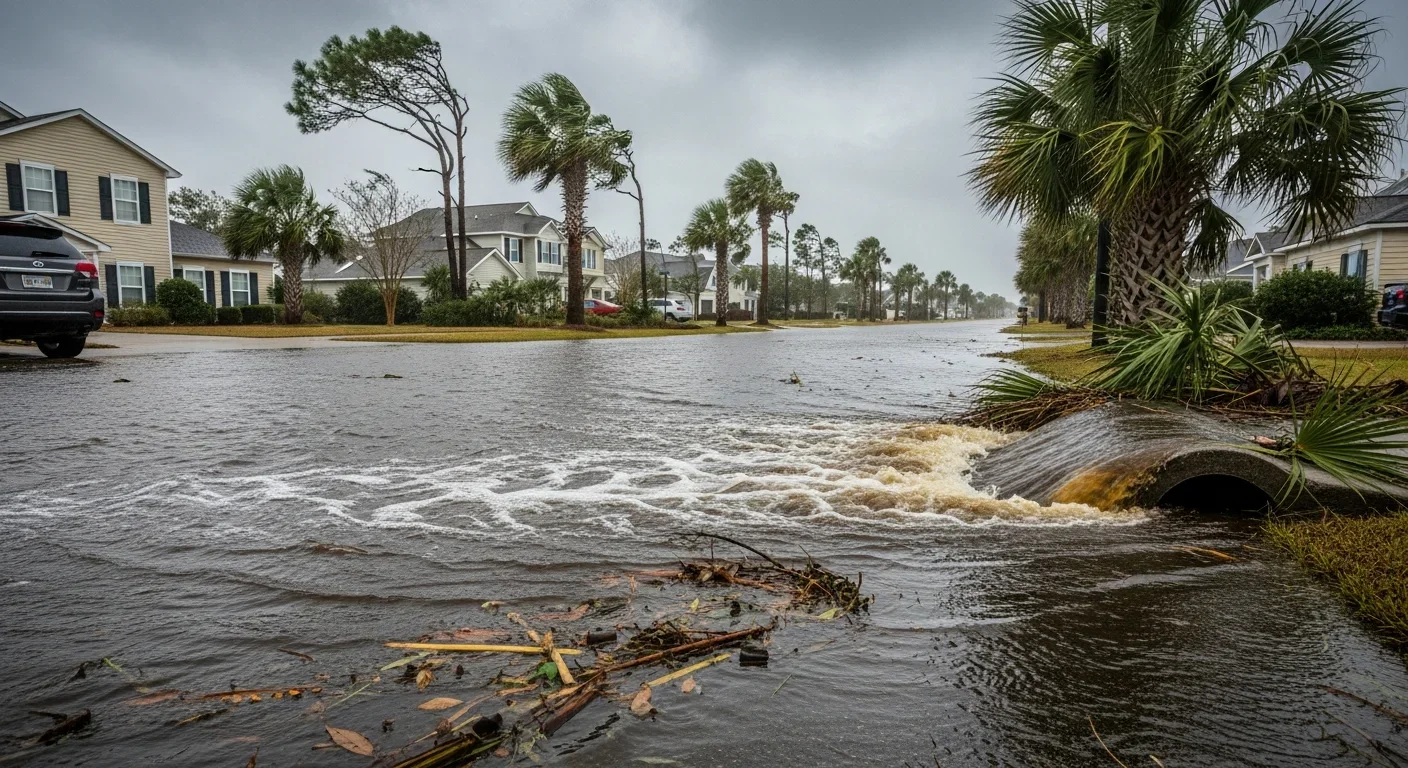 Swash drainage overflow flooding a Myrtle Beach South Carolina residential street during a tropical storm with standing water and palmetto palms