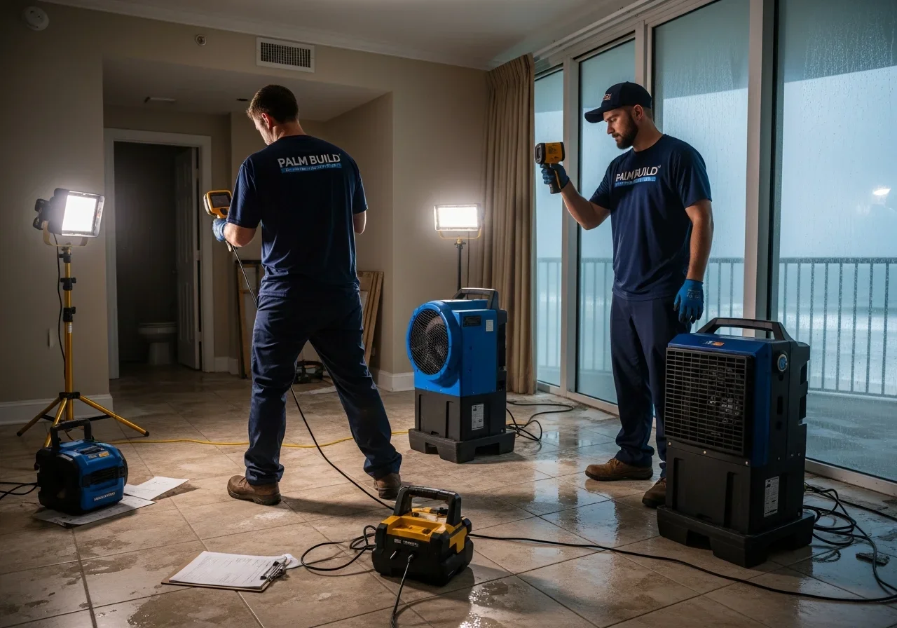 Industrial air movers and dehumidifiers set up by Palm Build technicians in a Myrtle Beach property with moisture mapping equipment and daily monitoring