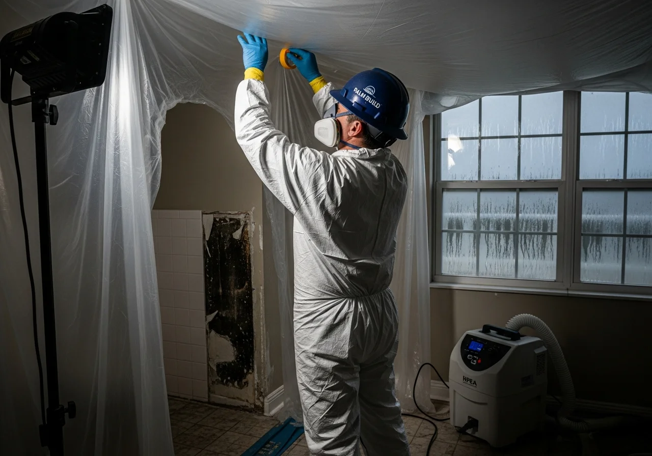 Palm Build mold remediation technician in Tyvek suit setting up HEPA containment in a Myrtle Beach South Carolina vacation rental condo with visible mold damage