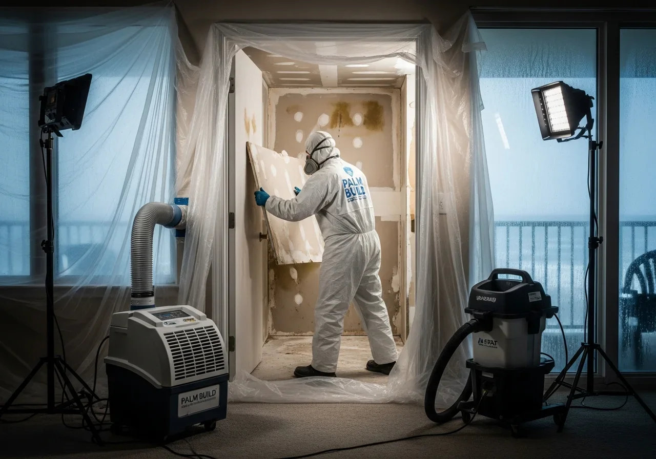 Palm Build technician in full Tyvek suit removing mold-affected drywall in a Myrtle Beach condo under HEPA containment and negative pressure