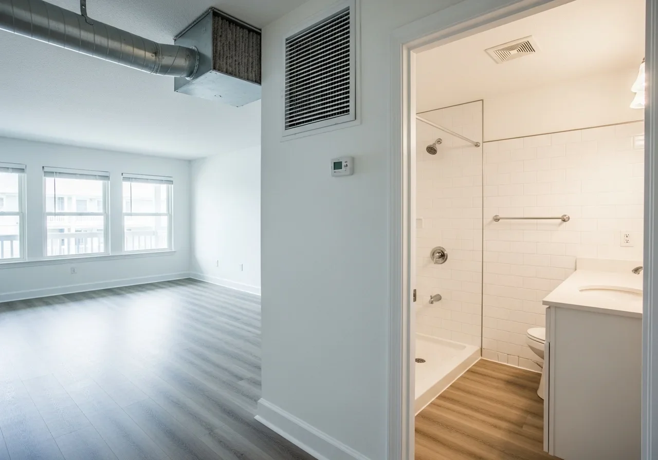 Restored Myrtle Beach vacation rental interior after mold remediation showing fresh white walls, new flooring and clean HVAC vent — rental ready