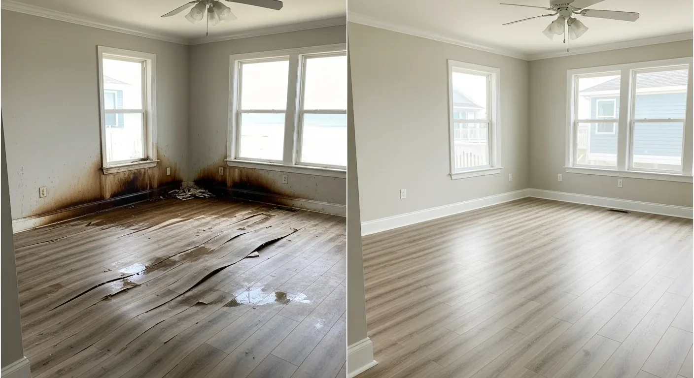 Before and after water damage restoration in a Myrtle Beach South Carolina beach house showing warped flooring and water-stained walls compared to fully restored interior