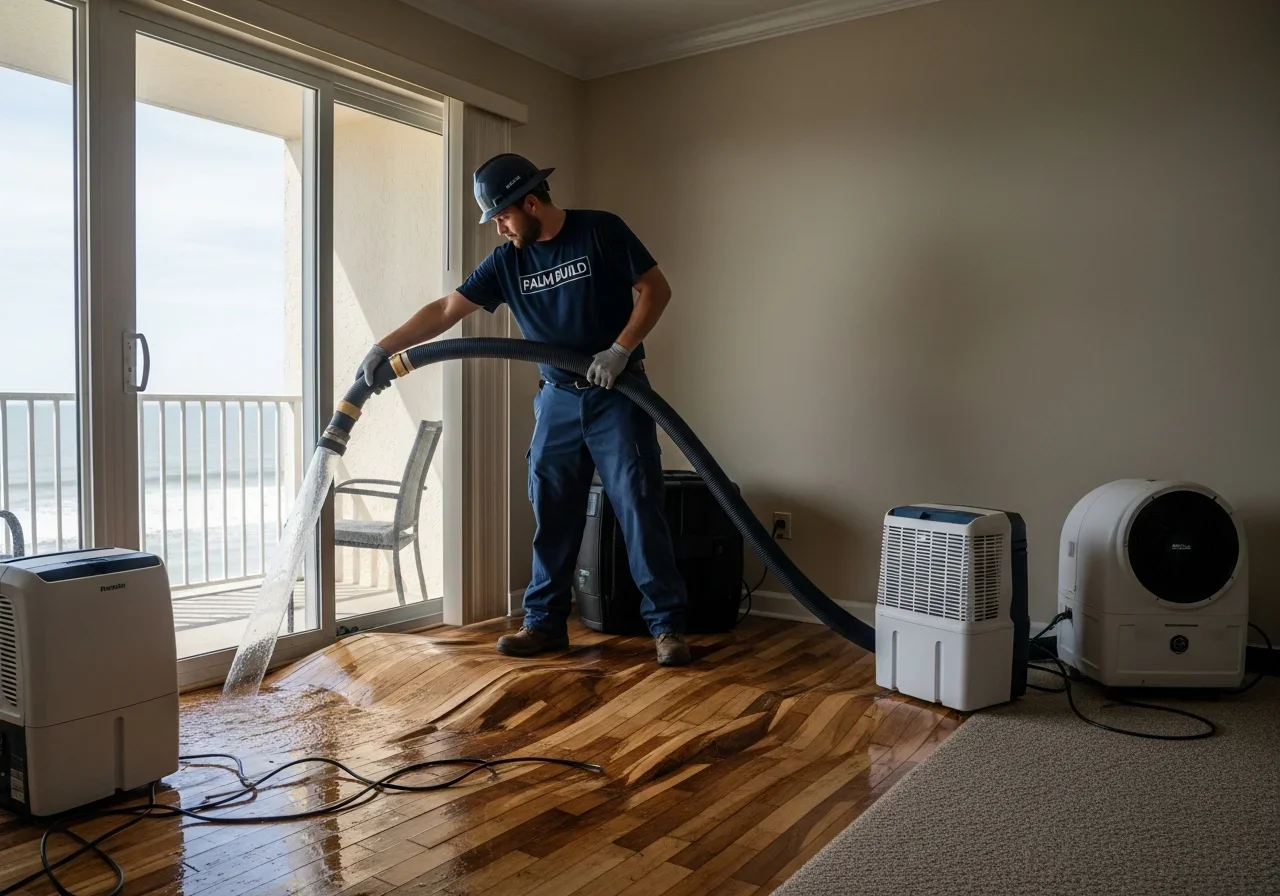 Palm Build technician operating water extraction equipment in a Myrtle Beach condo after storm flooding with damaged hardwood flooring and oceanfront balcony visible