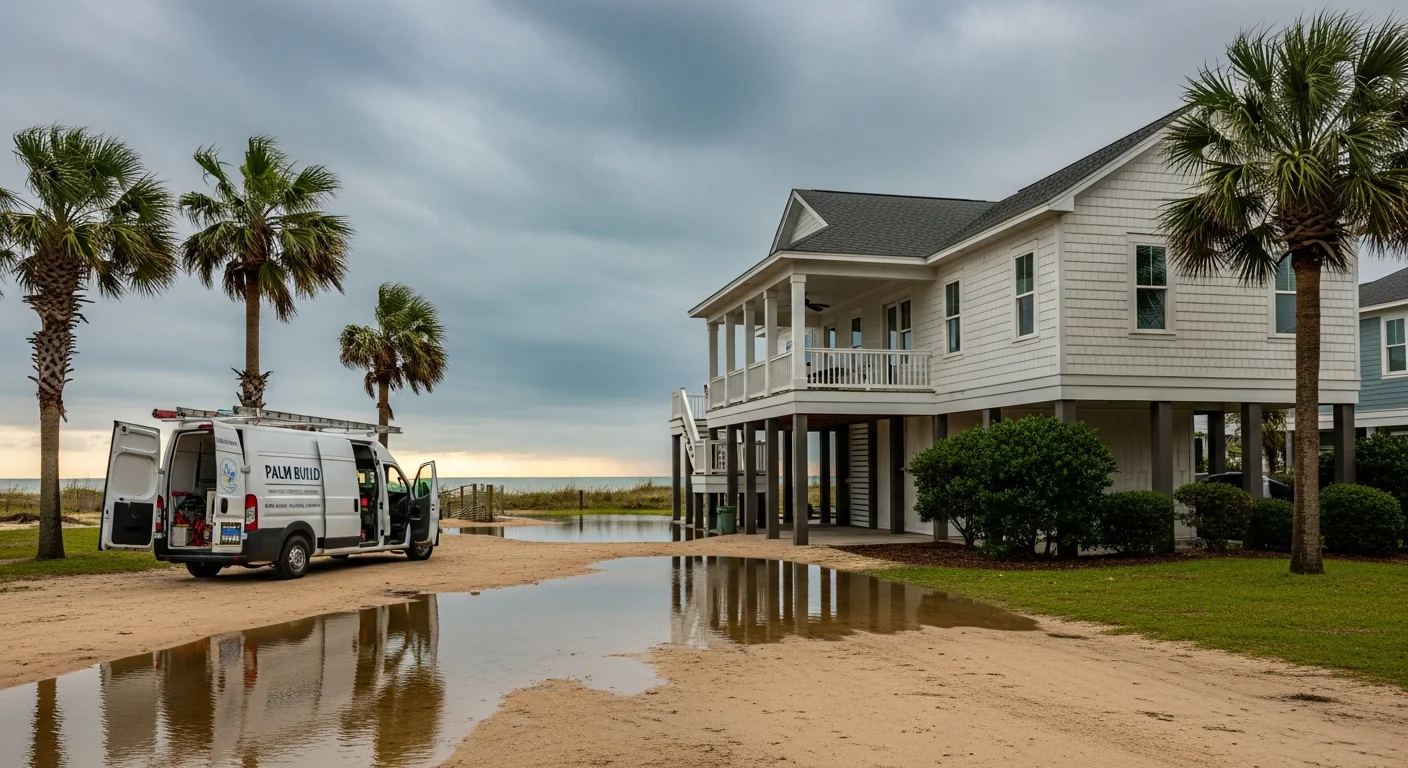 Palm Build restoration van parked at a coastal South Carolina beach house after tropical storm flooding with standing water in the yard and storm clouds over the Atlantic Ocean