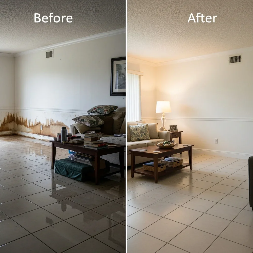Before and after water damage restoration in a North Lauderdale Florida condo unit after supply line failure showing drywall and flooring repair
