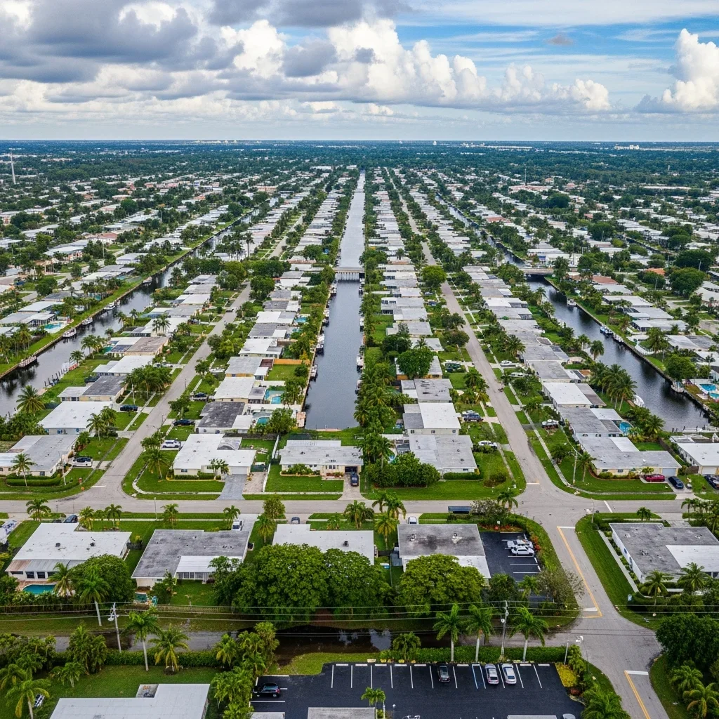 Aerial view of C-14 Cypress Creek Canal basin in North Lauderdale Florida showing drainage infrastructure and residential neighborhoods
