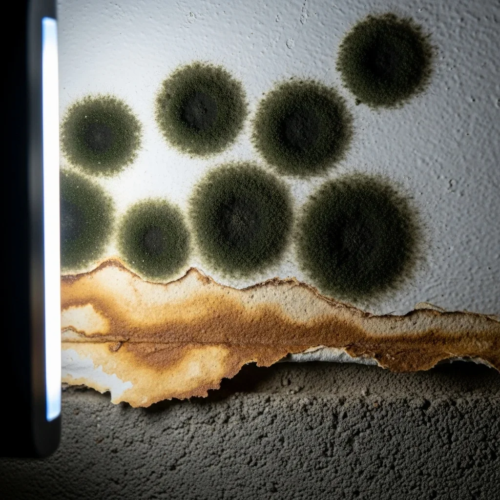 Hidden mold growth inside CBS wall cavity behind drywall in North Lauderdale FL 1970s construction home