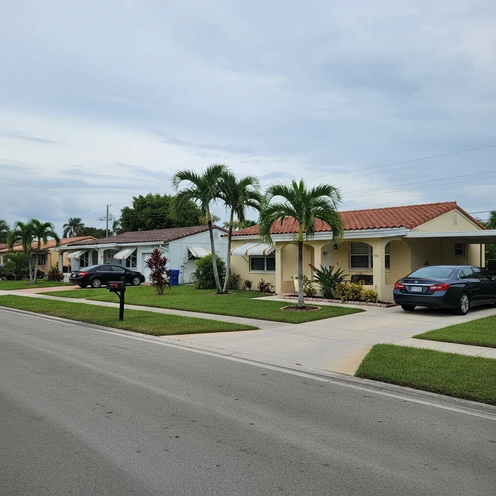 Aerial view of 1970s CBS stucco ranch homes in North Lauderdale Estates Florida showing typical housing stock