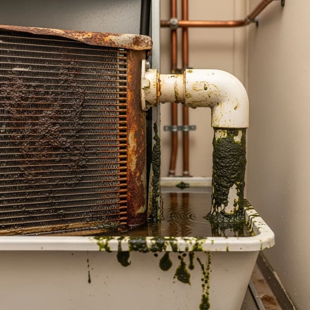 Palm Build technician inspecting HVAC condensate drain line for algae clog and overflow in North Lauderdale FL home