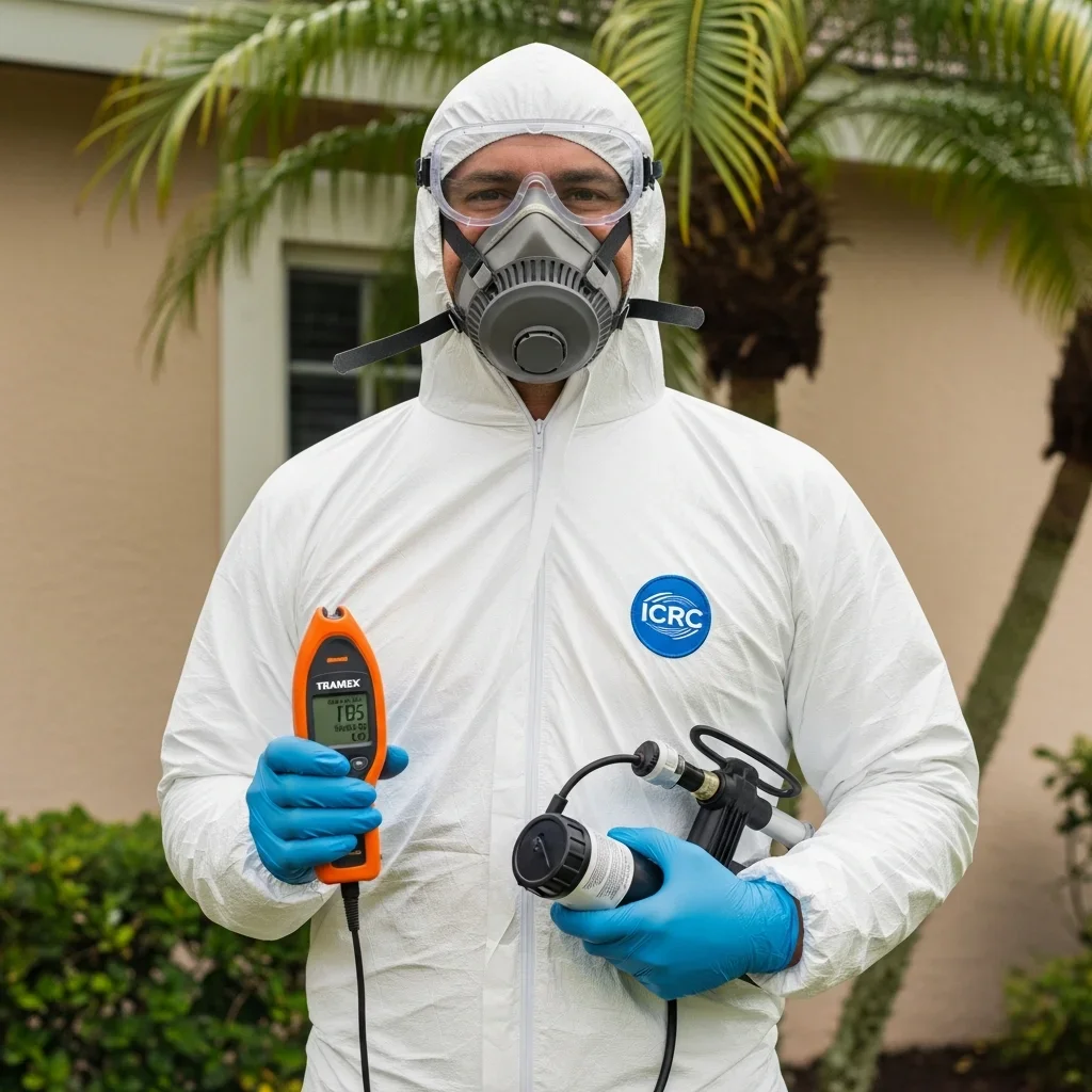 FL DBPR licensed Palm Build technician using moisture meter during mold assessment in North Lauderdale FL property