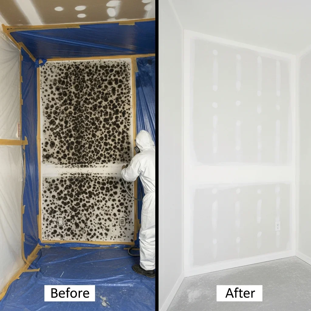 Before and after mold remediation in North Lauderdale FL home showing mold-contaminated wall restored to clearance-certified clean surfaces
