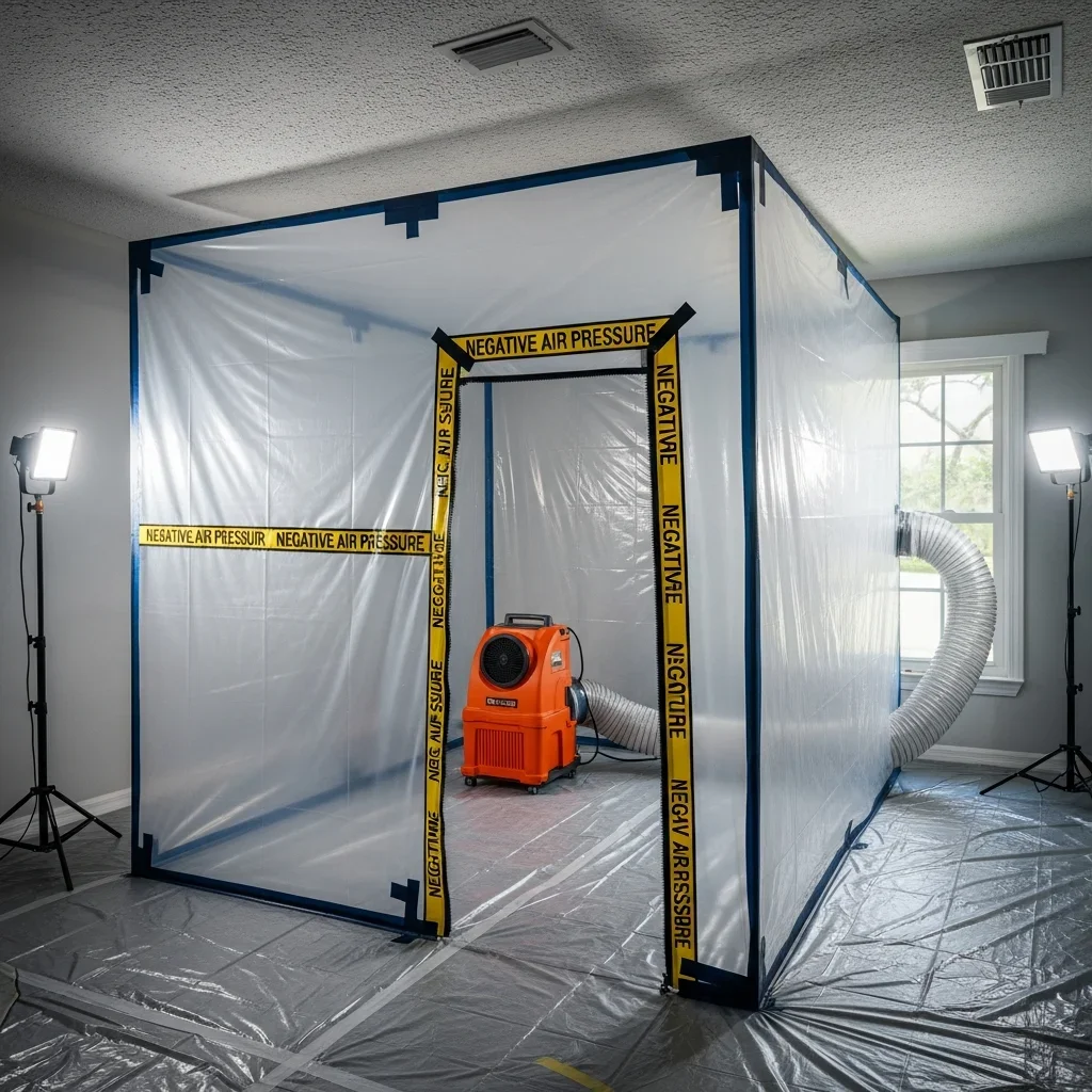 HEPA containment setup with negative air pressure barriers during mold remediation in North Lauderdale FL
