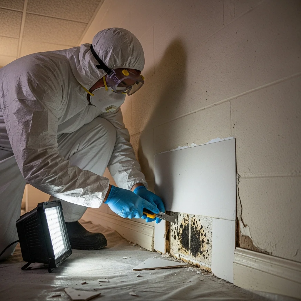 FL DBPR licensed Palm Build mold remediation technician in PPE assessing CBS wall in North Lauderdale FL home