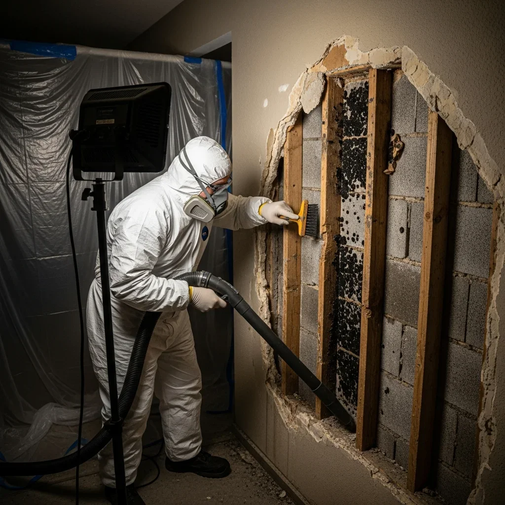 Palm Build technician performing mold assessment on a stucco CBS wall in a 1970s North Lauderdale FL home