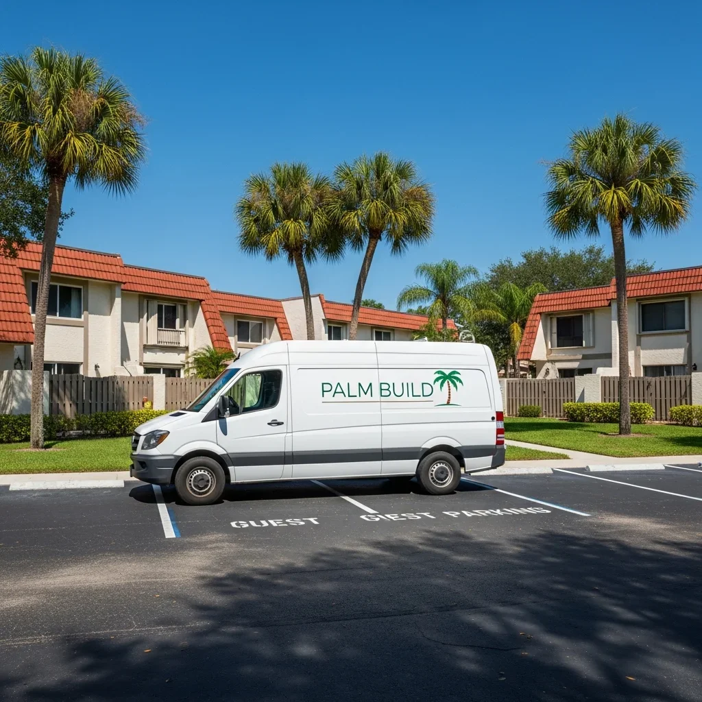Palm Build restoration vehicle parked outside an HOA-managed attached housing community in North Lauderdale Florida