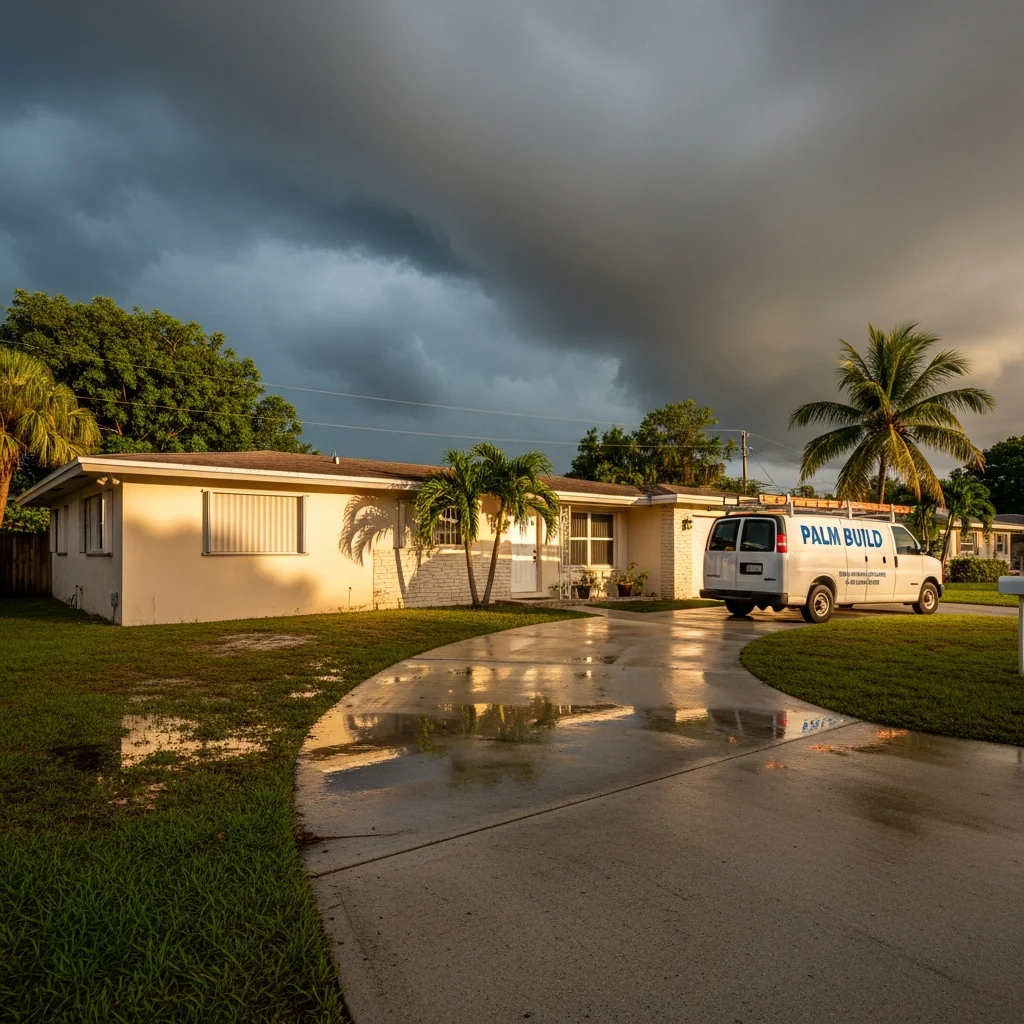 Palm Build water damage restoration van at a 1970s stucco home in North Lauderdale FL with storm clouds overhead