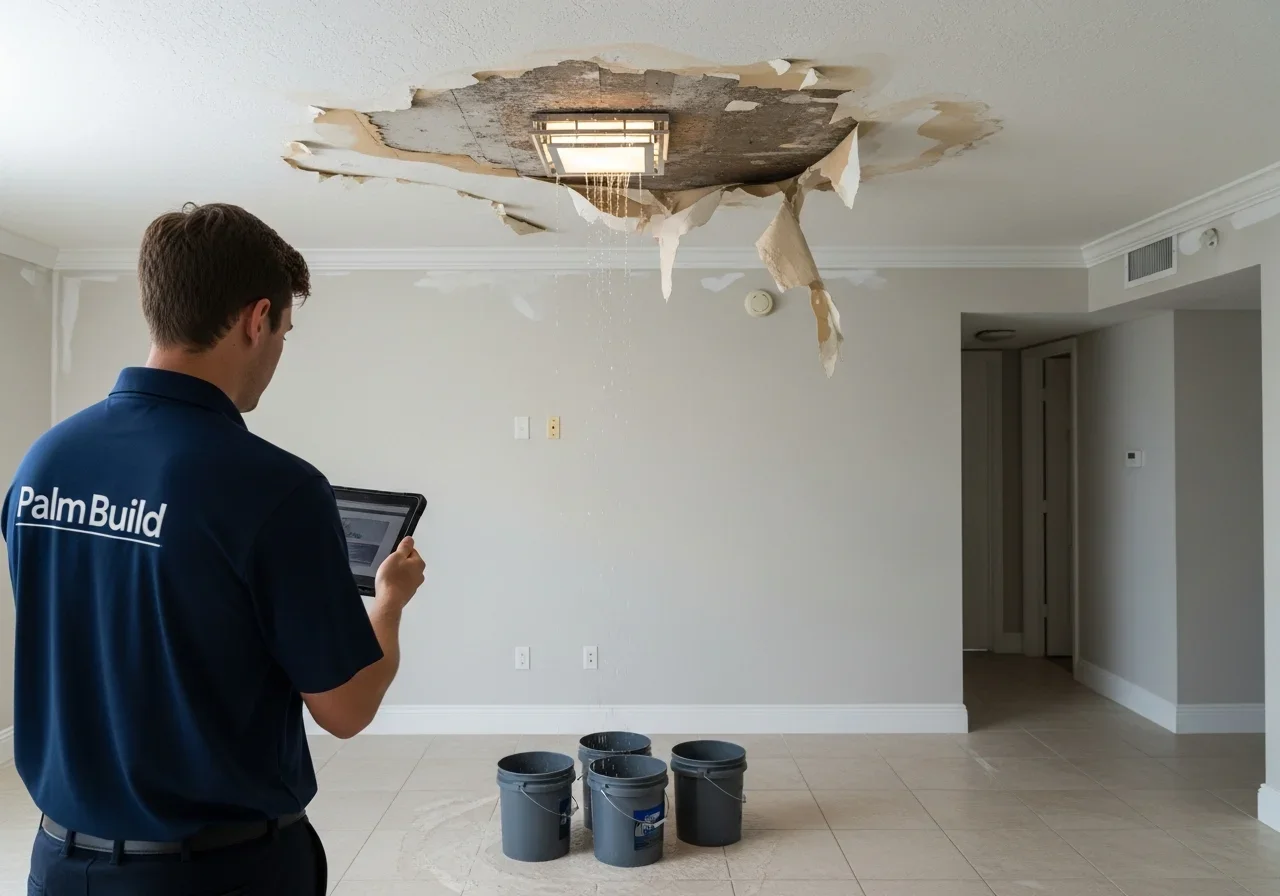 Palm Build restoration team responding to HOA condo water damage at a mid-rise building in Oakland Park Florida with professional extraction equipment deployed