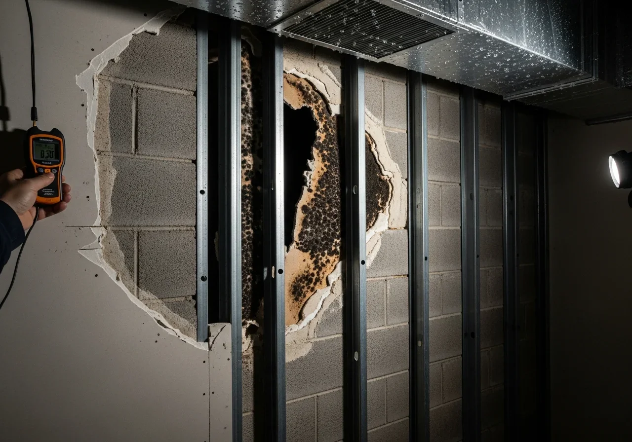 Hidden mold discovered behind removed drywall in an Oakland Park FL condo showing colonies on CBS concrete block wall