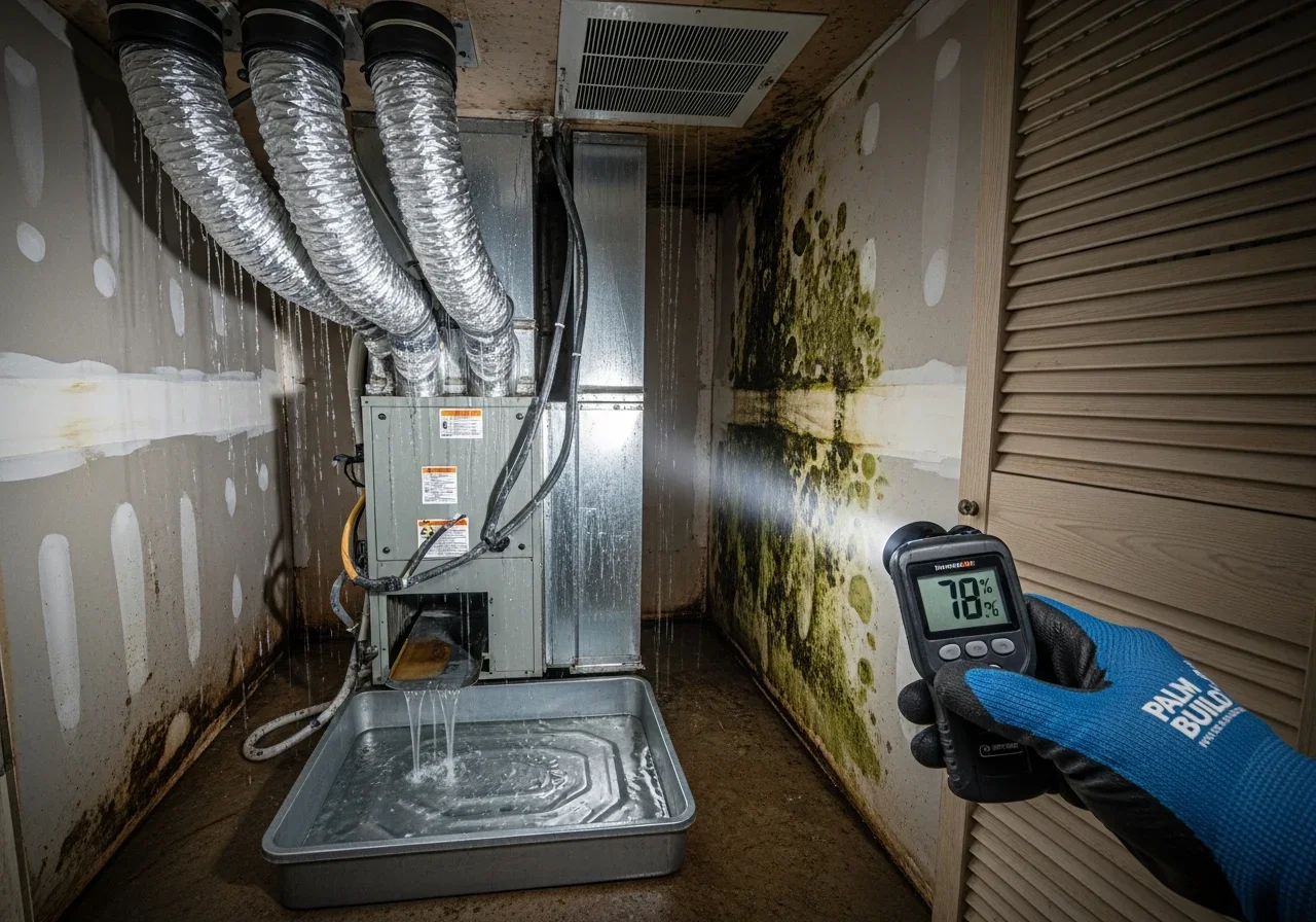 HVAC condensate overflow causing mold growth and water damage in an Oakland Park FL home