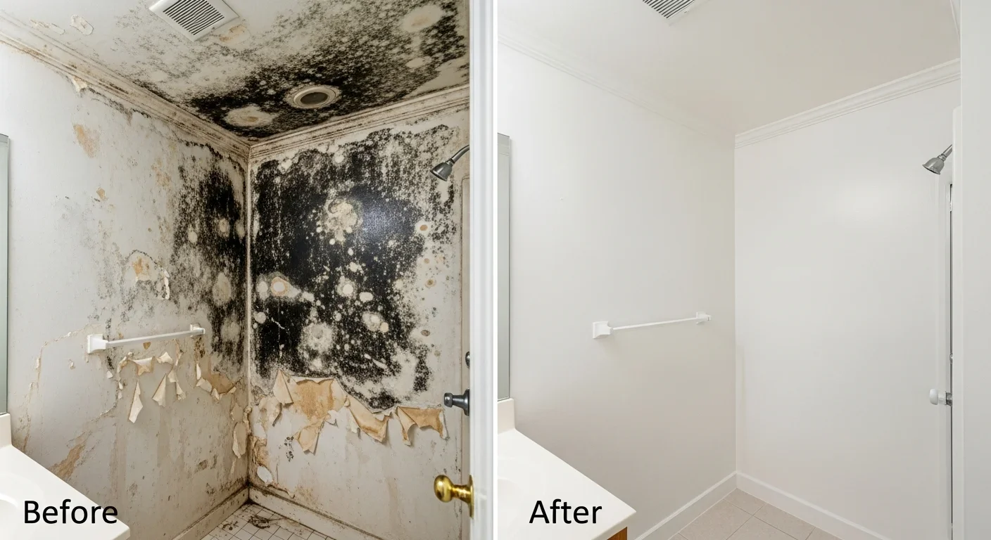 Before and after mold remediation in an Oakland Park FL condo bathroom showing dark mold growth transformed to clean walls