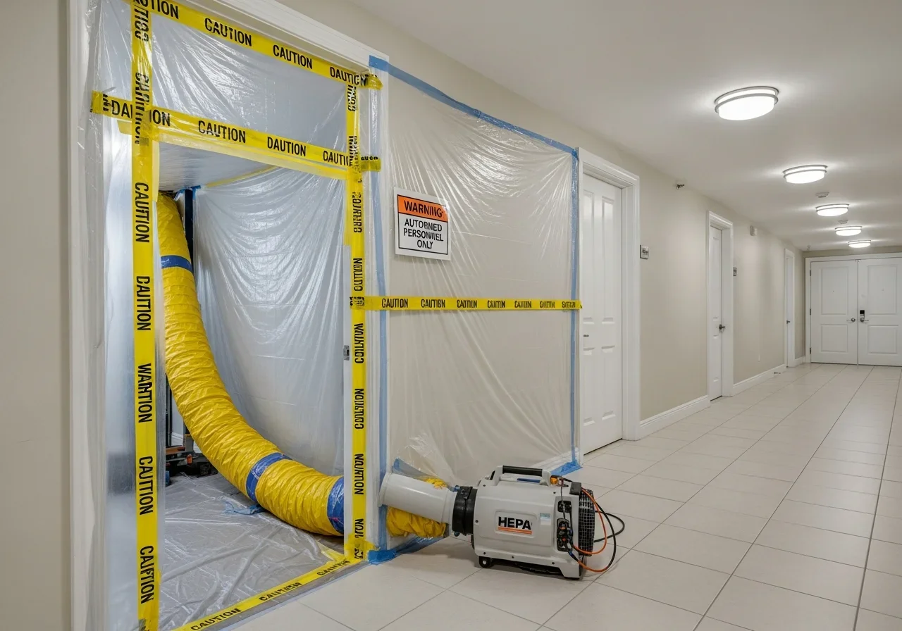 Professional mold containment barriers set up in an Oakland Park FL condo hallway during remediation