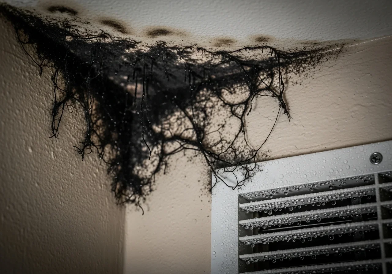 Mold growth near HVAC supply vent in an Oakland Park FL home showing condensation-driven mold colonization on interior wall surface