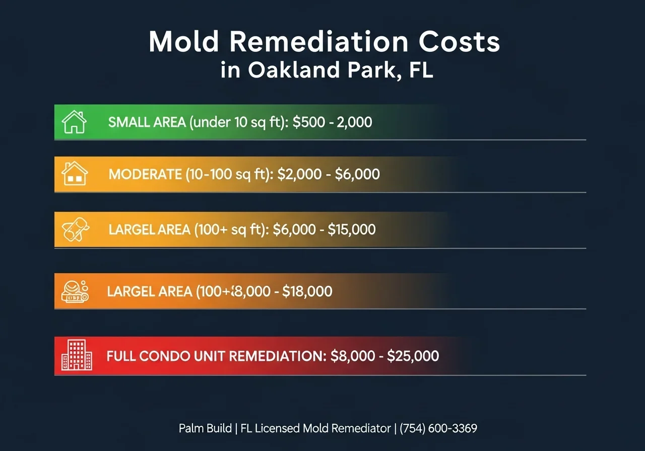 Mold remediation cost ranges infographic for Oakland Park Florida showing small, moderate, and large area pricing from Palm Build