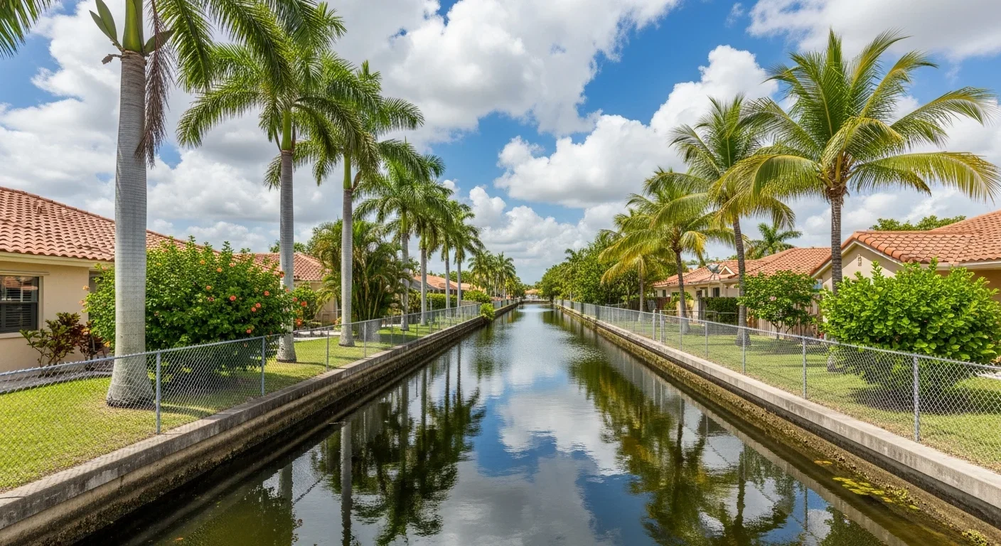 Canal running through an Oakland Park FL residential neighborhood with single-story stucco homes and palm trees lining the banks