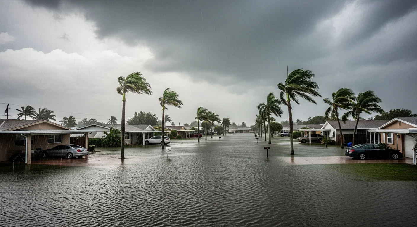 Flash flooding on an Oakland Park FL residential street during extreme rainfall with canal overflow and standing water covering road and yards