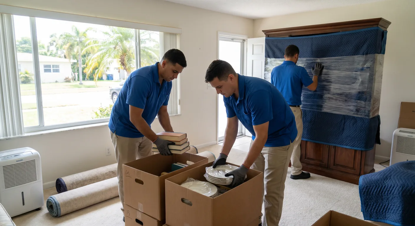 Professional contents restoration pack-out in progress at an Oakland Park Florida home showing careful inventory and packing of personal property after water damage