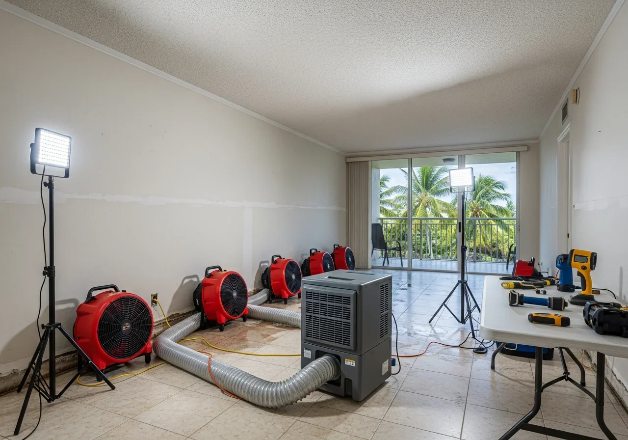 Industrial drying equipment deployed across multiple rooms in an Oakland Park condo cascade large loss project